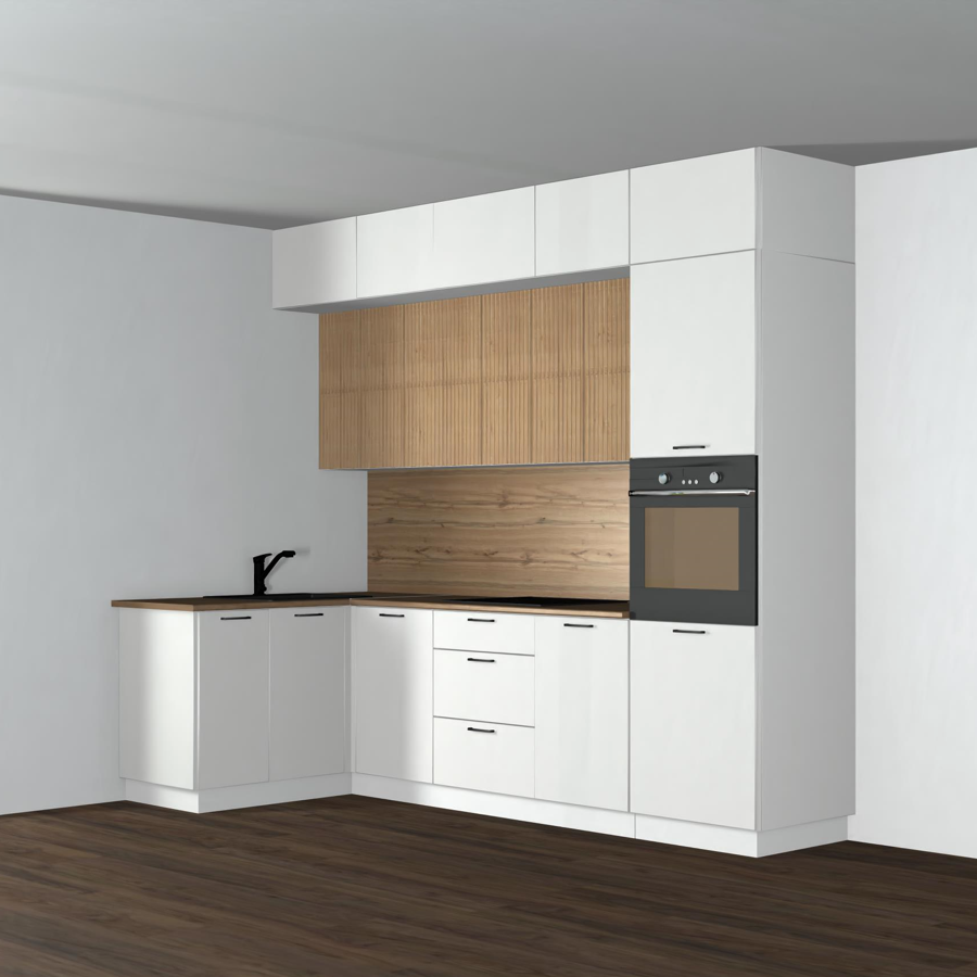 1.Фасады: МДФ 16 мм, покрытый пленкой ПВХ. Графит — матовое или софт-тач покрытие. Дуб торонто — текстурированное покрытие под дерево.
2.Корпус: ЛДСП 16 мм (стандартно белый ), кромка ПВХ 0,4 мм.
3.Столешница: Влагостойкая ЛДСП 26 мм или 38 мм с пластиковым покрытием HPL (подбирается в тон дуба торонто или графита).
4.Фурнитура: Петли с доводчиками, направляющие для ящиков шариковые.
5.Цоколь: ПВХ .
6.Крепеж: Конфирматы и эксцентриковые стяжки для жесткости конструкции.