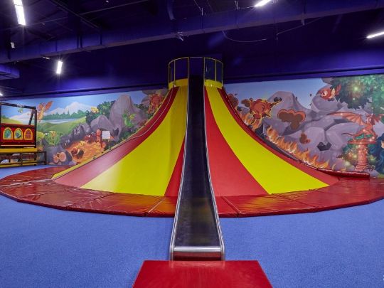 A volcano, a big volcano, a volcano with a slide.