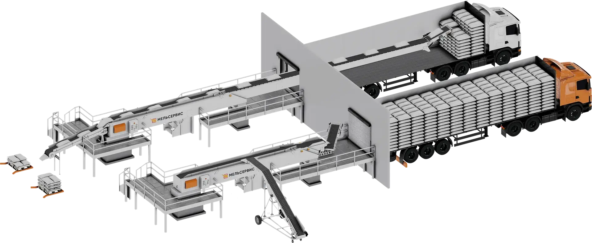 Загрузка мешков в в автомобили (фуры) мешкопогрузчиком МельСервис