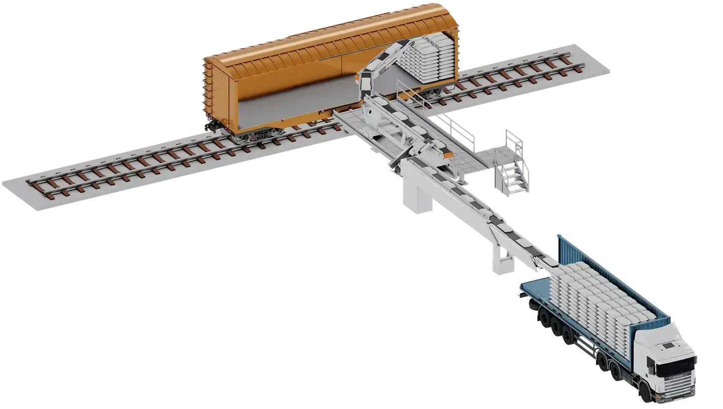 Мешкопогрузчик мешков или тарных грузов фура (контейнер) - крытый ж/д вагон