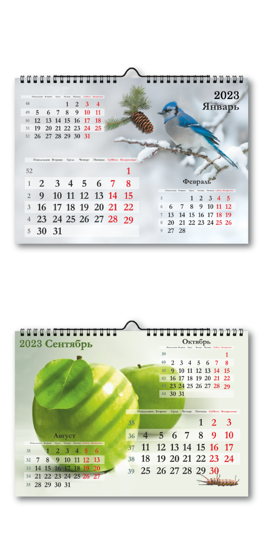Горизонтальные перекидные календари с пружиной по длинной стороне