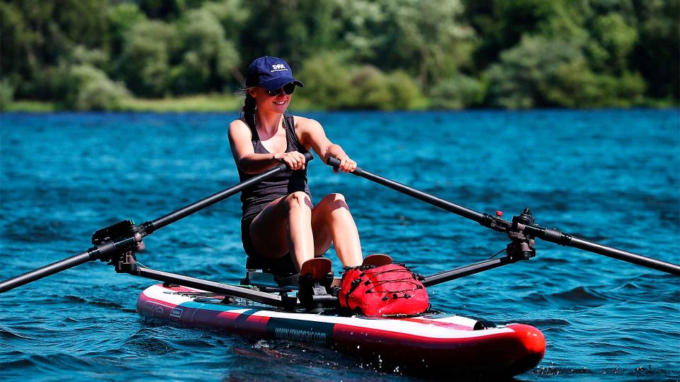 Гребля лицом вперед. Гребная система RowVista® на лодке Airdeck MOJO ROWonAIR® - оборудование для академической гребли на надувных досках, SUP, каяках, байдарках, каноэ и гребных лодках совместимо с большинством бордов Stand Up Paddle