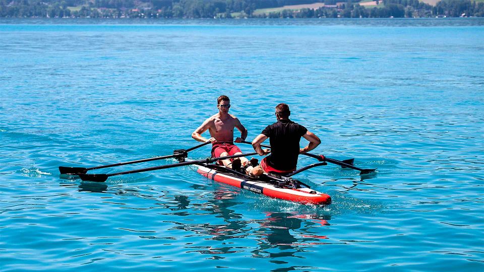 Гребля вдвоем лицом вперед. Две гребные системы RowVista® RowMotion® на одной лодке Airdeck DUDE ROWonAIR® - оборудование для академической гребли на надувных досках, SUP, каяках, байдарках, каноэ и гребных лодках совместимо с большинством бордов Stand Up Paddle