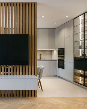 Кухня и гостиная, разделенные перегородкой из бруса 7