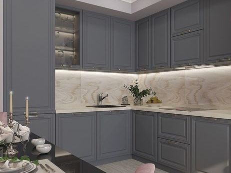 Современная кухня с фрезерованными фасадами и столешницей из искусственного камня