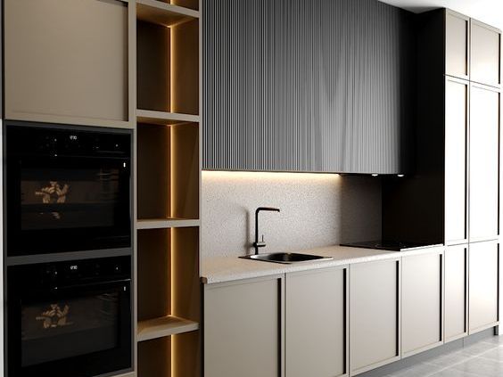 Стильная кухня с фасадами из натурального шпона в комбинации с окрашенными фасадами