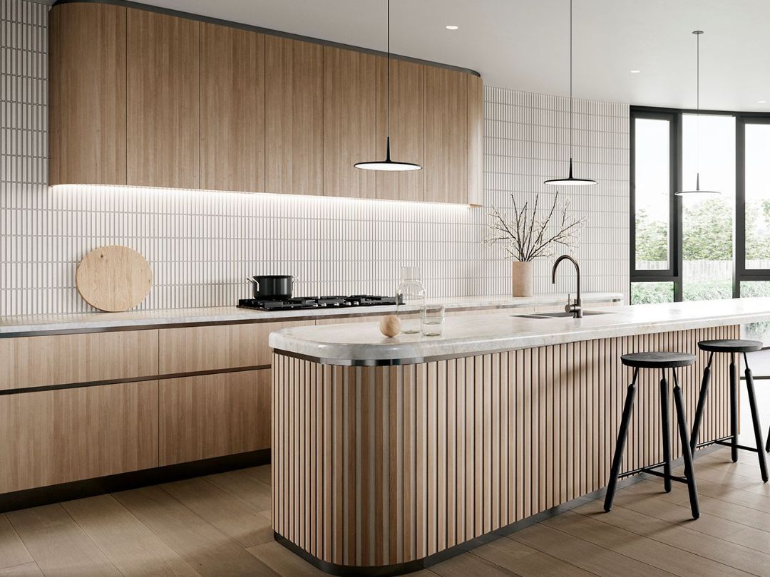 большой стол остров для большой эксклюзивной кухни и кухня с фасадами из натурального шпона