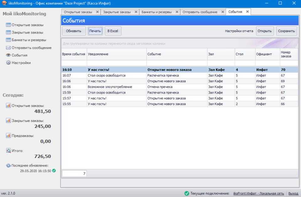 iikoMonitoring. События