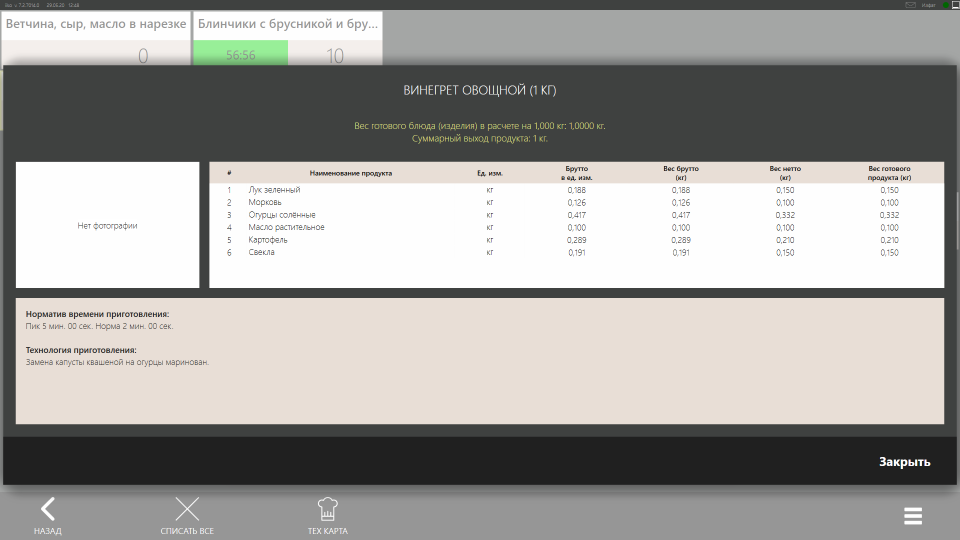 iikoShelfManager. Технологическая карта блюда