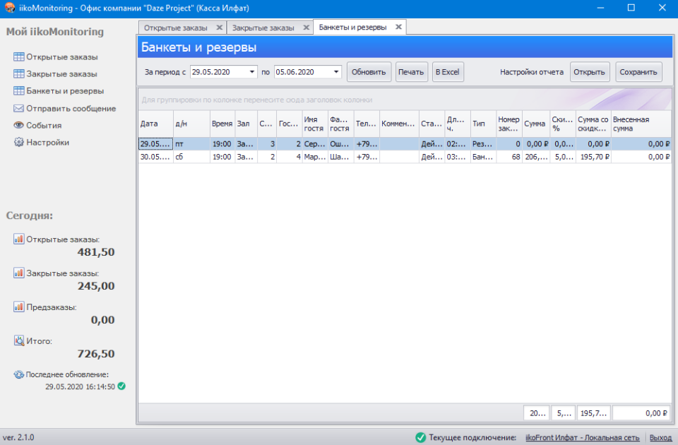 iikoMonitoring. Банкеты и резервы