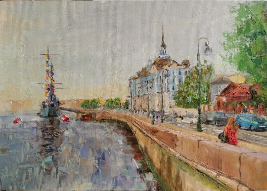 Петроградская набережная. Вид на Нахимовское училище и крейсер Аврору