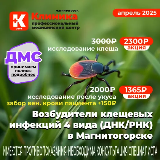 Исследование клеща по акции со скидками магнитогорском медицинском центре «Клиника»