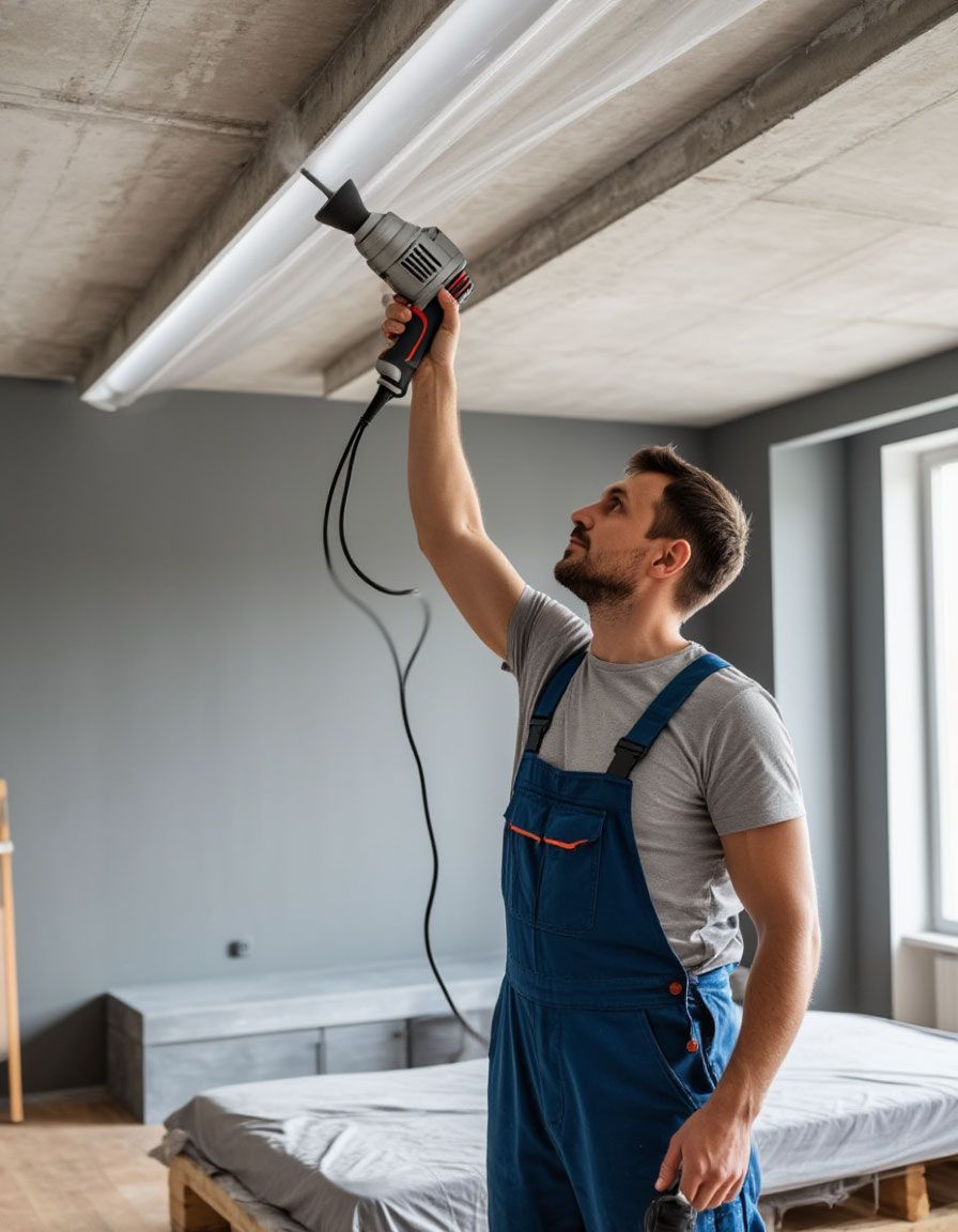 Мастер производит замену полотна натяжного потолка.