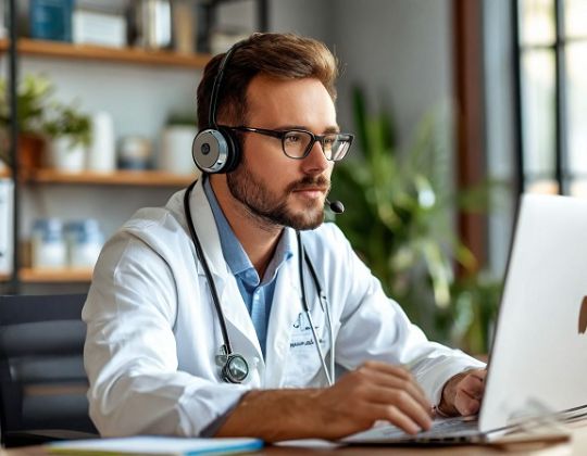 Врач ветеринар сидит за компьютером и проводит консультацию РЕСО-Вет