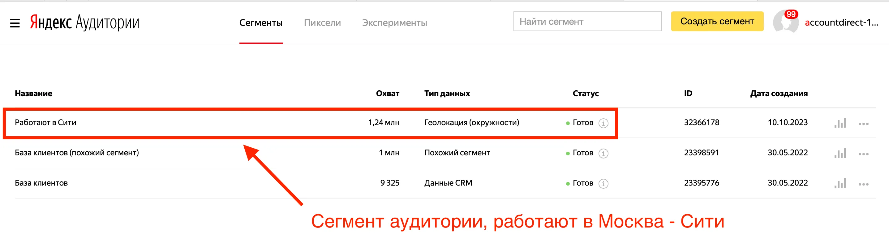Сегмент в Яндекс Аудиториях