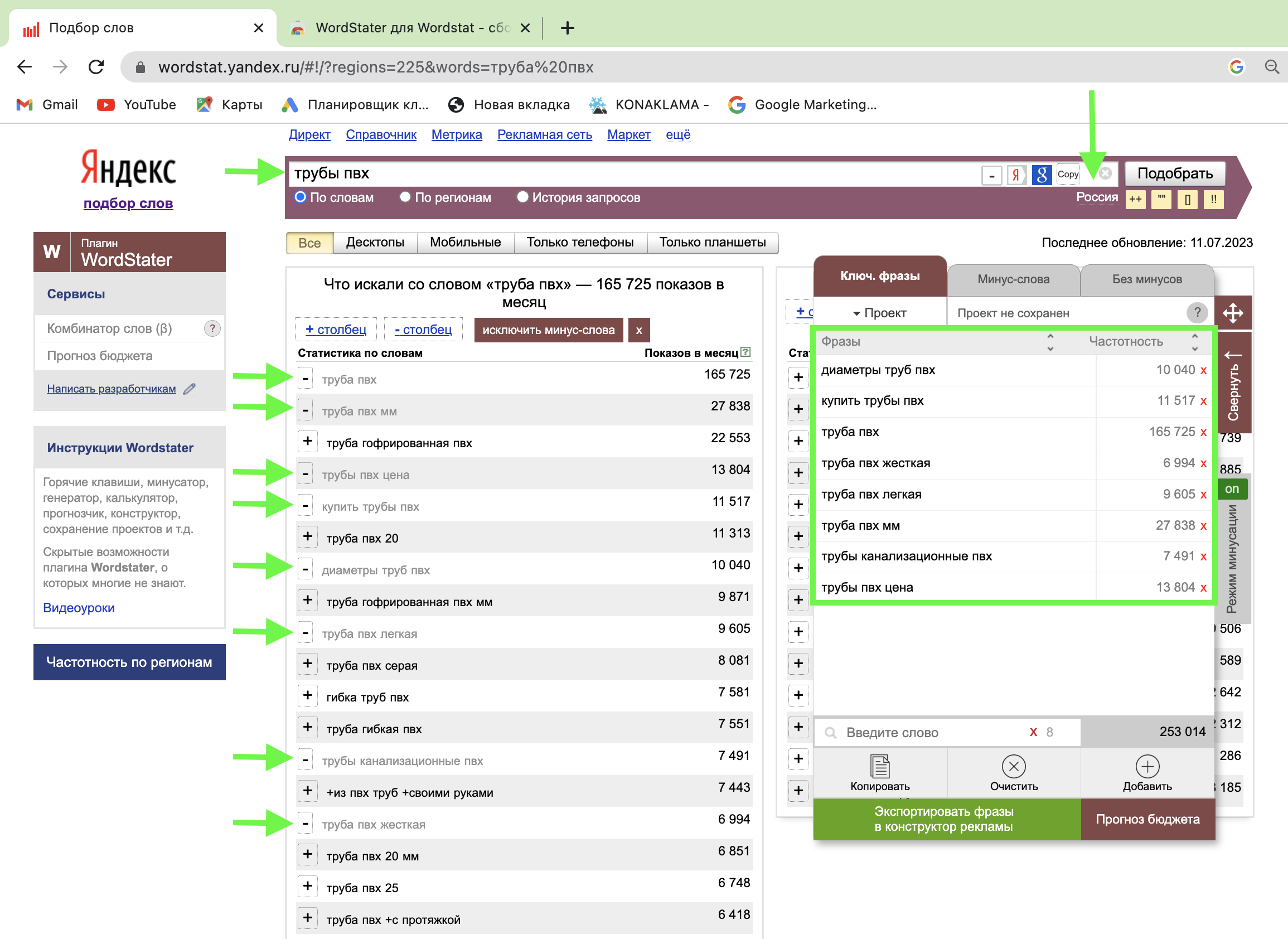 Подбор ключевых слов в Яндекс Wordstat