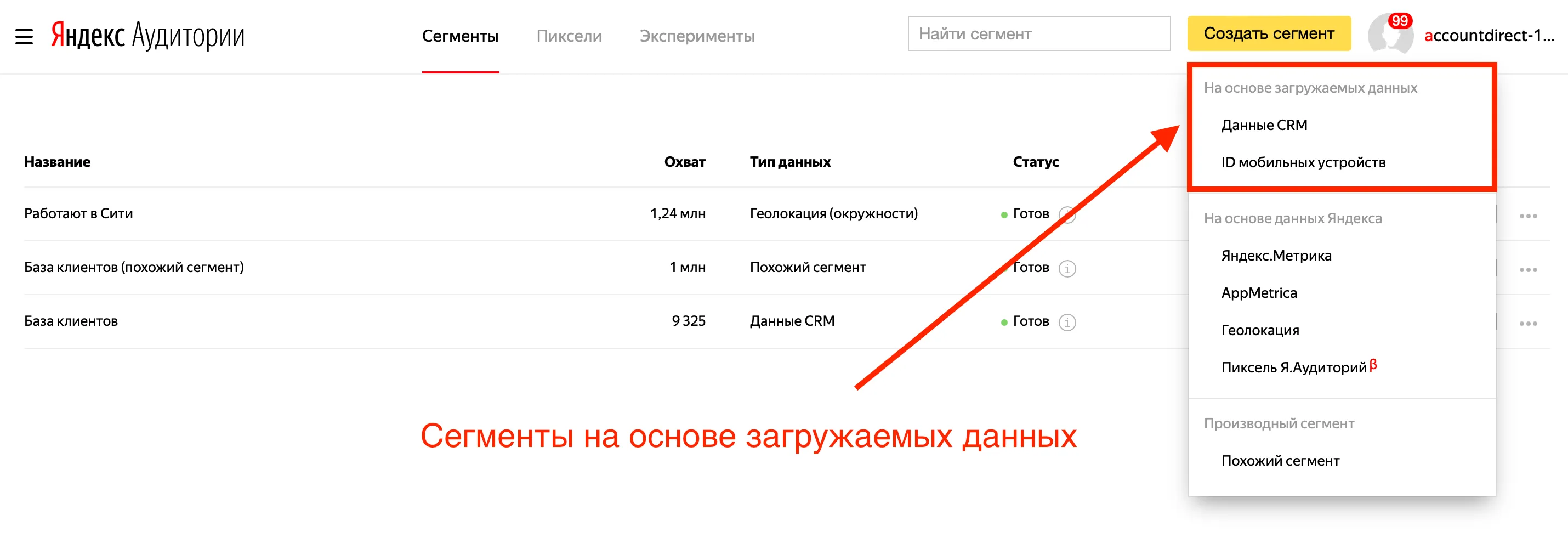 Сегменты аудиторий на основе загружаемых данных