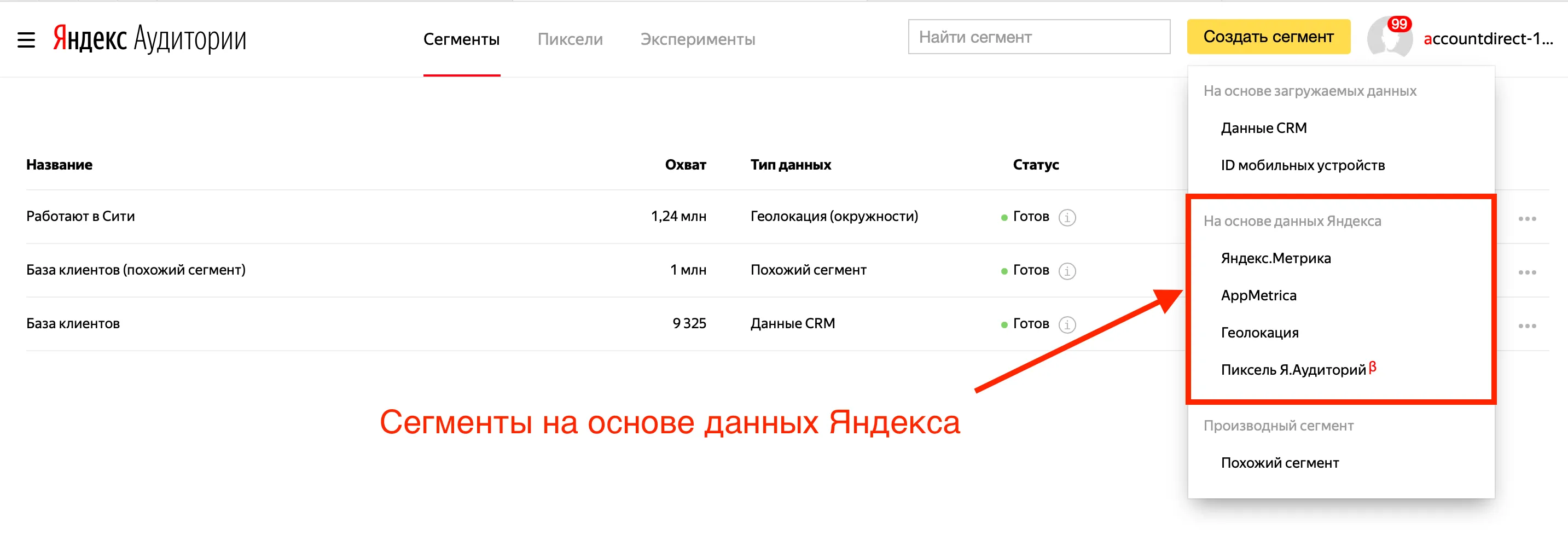Сегменты аудиторий на основе данных Яндекса