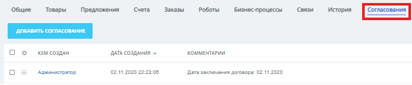 Вкладка согласования в Сделке