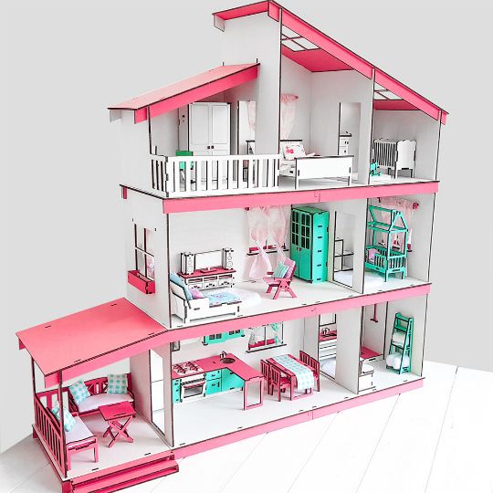 Дом для куклы DH606 деревянный с набором мебели и лифтом