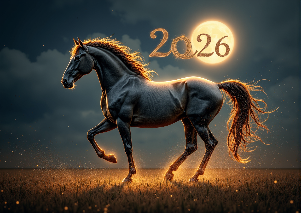 Постер квартального календаря на  2026 год с символом года лошадью