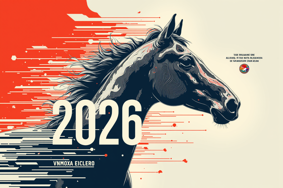 Постер квартального календаря на  2026 год с символом года лошадью