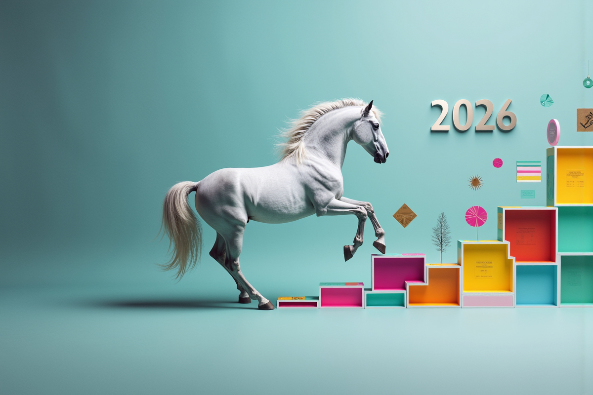 Постер квартального календаря на  2026 год с символом года лошадью