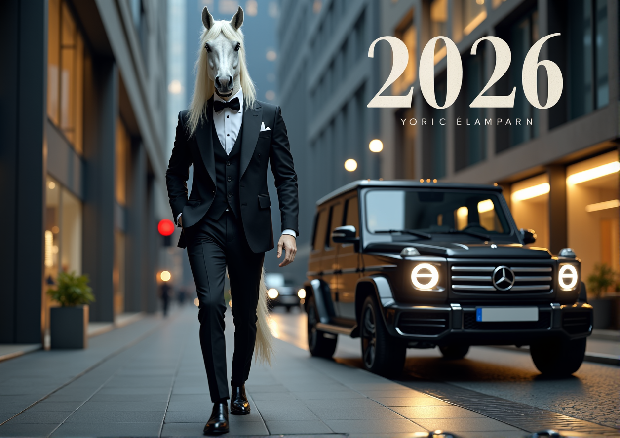 Постер квартального календаря на  2026 год с символом года лошадью