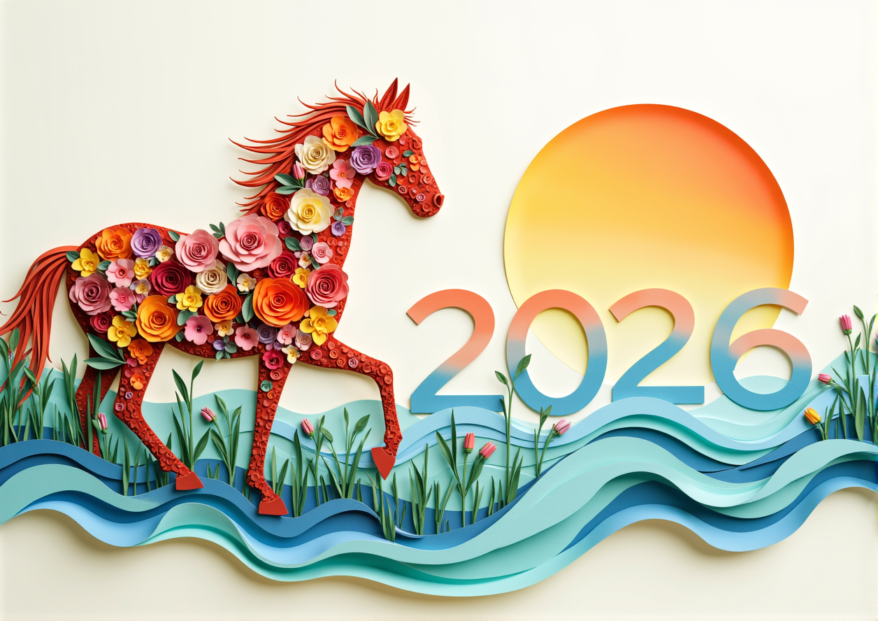 Постер квартального календаря на  2026 год с символом года лошадью