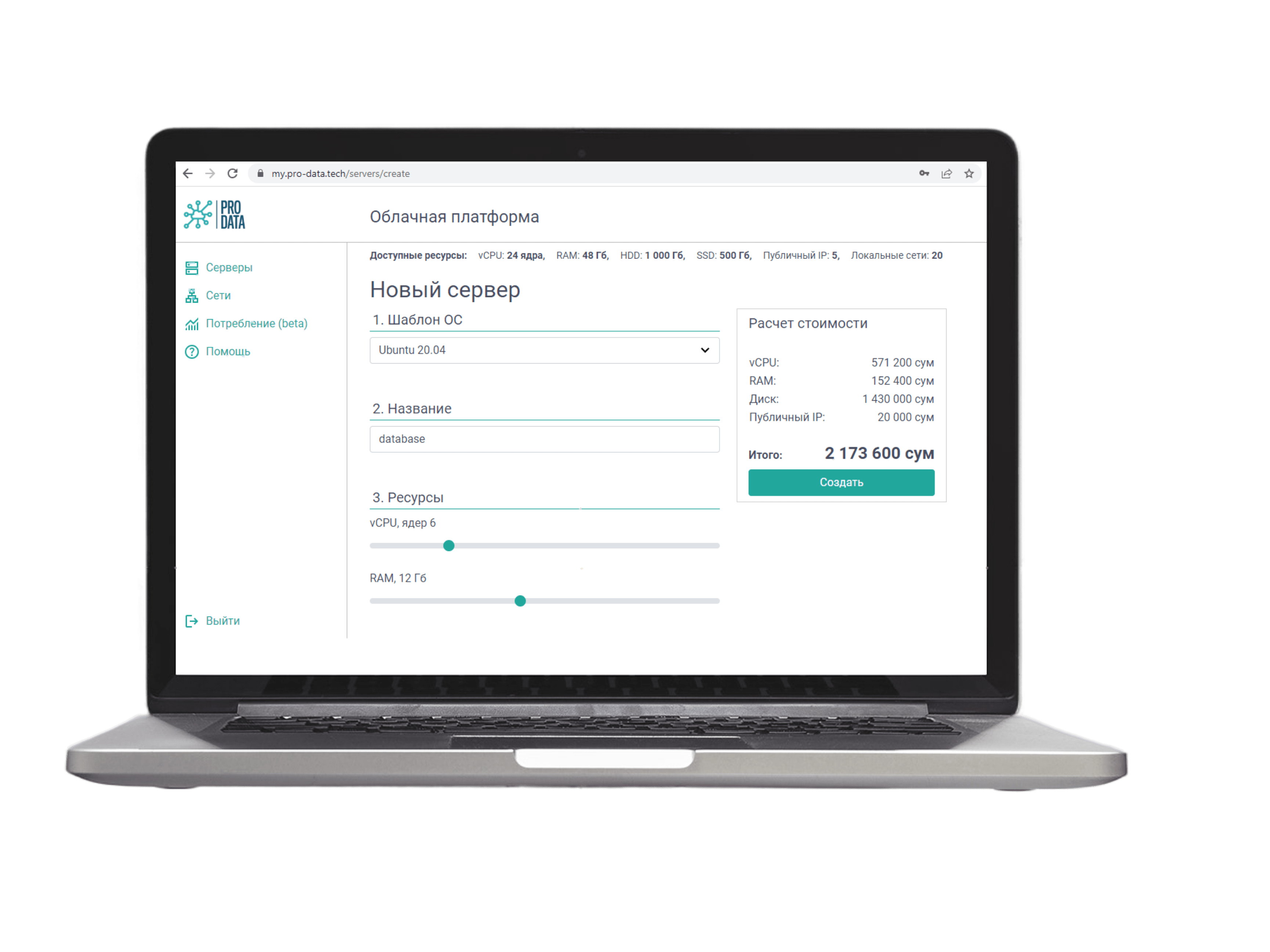 панель управления облачными услугами Pro-Data