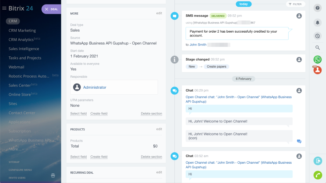 History of templated WhatsApp message in the Deal timeline