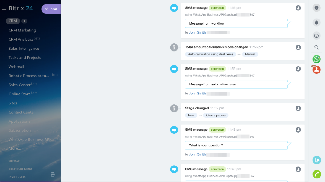History of WhatsApp messages in the Deal timeline