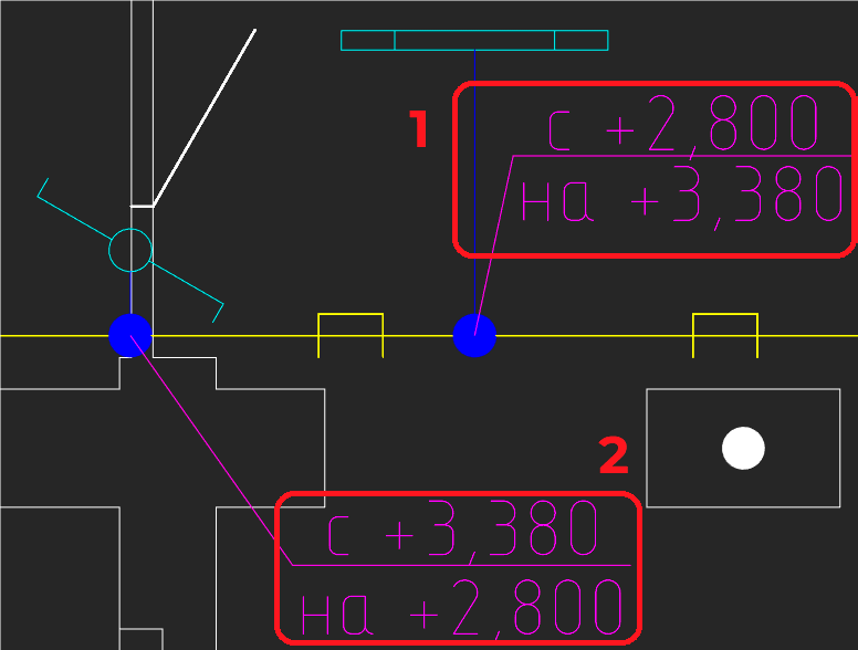 Выноски перепада высот кабельных трасс: 1) снизу вверх; 2) сверху вниз
