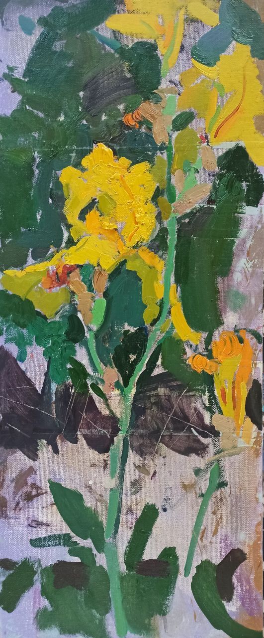 Yellow Iris, 2022. Oil on canvas, 60 × 25 cm