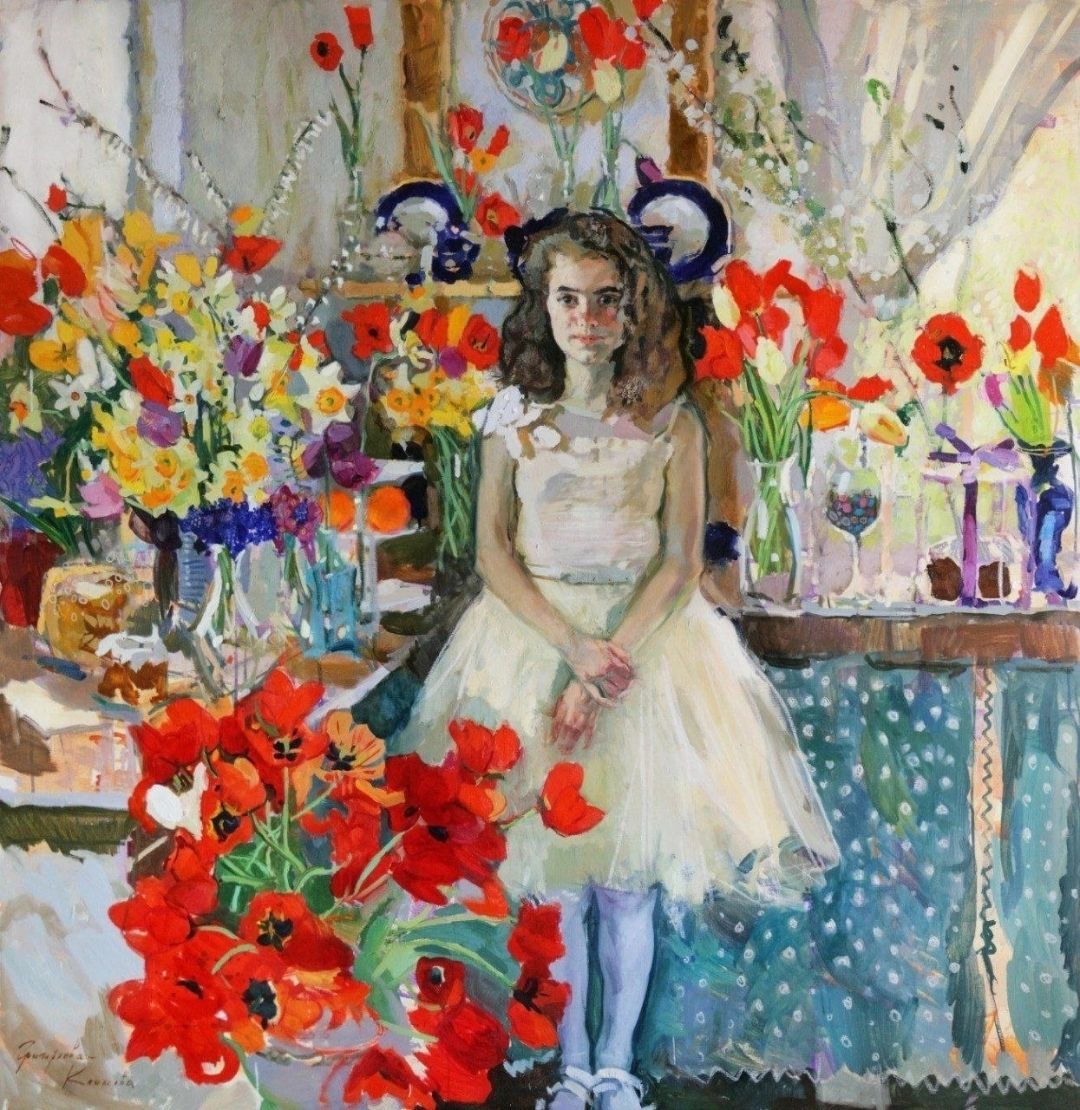 Girls with a Bouquet of Flowers, 2021. Oil on canvas, 140 × 75 cm