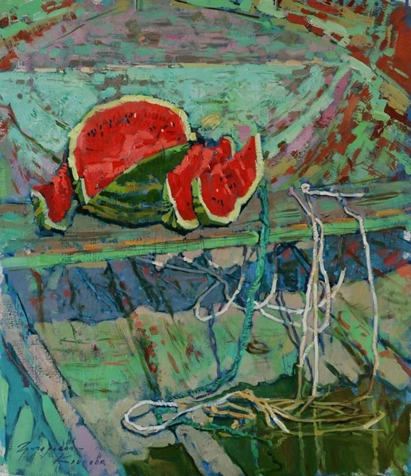 Old Boat and Watermelon, 2019. Oil on canvas, 80 × 70 cm