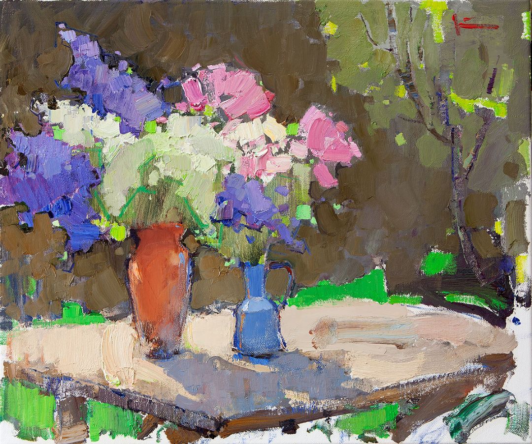 Lilacs and Peonies, 2020. Oil on canvas, 46 × 55 cm