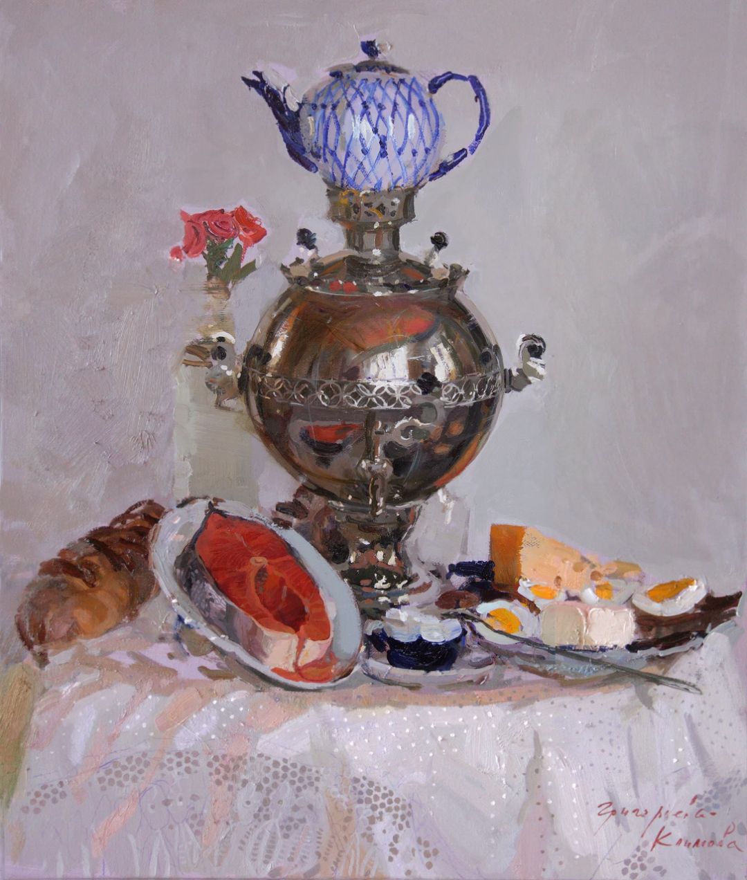 Still Life with a Samovar and Fish, 2026. Oil on canvas, 60 × 50 cm