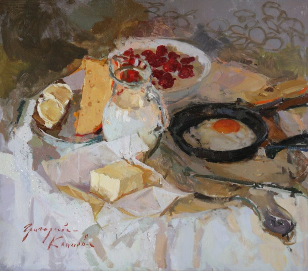 Still Life with Fried Eggs and Butter, 2025. Oil on canvas, 70 × 80 cm