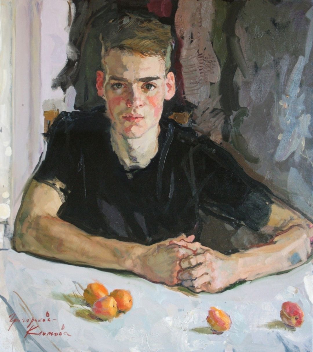 Boy with Apricots, 2024. Oil on canvas, 80 × 70 cm