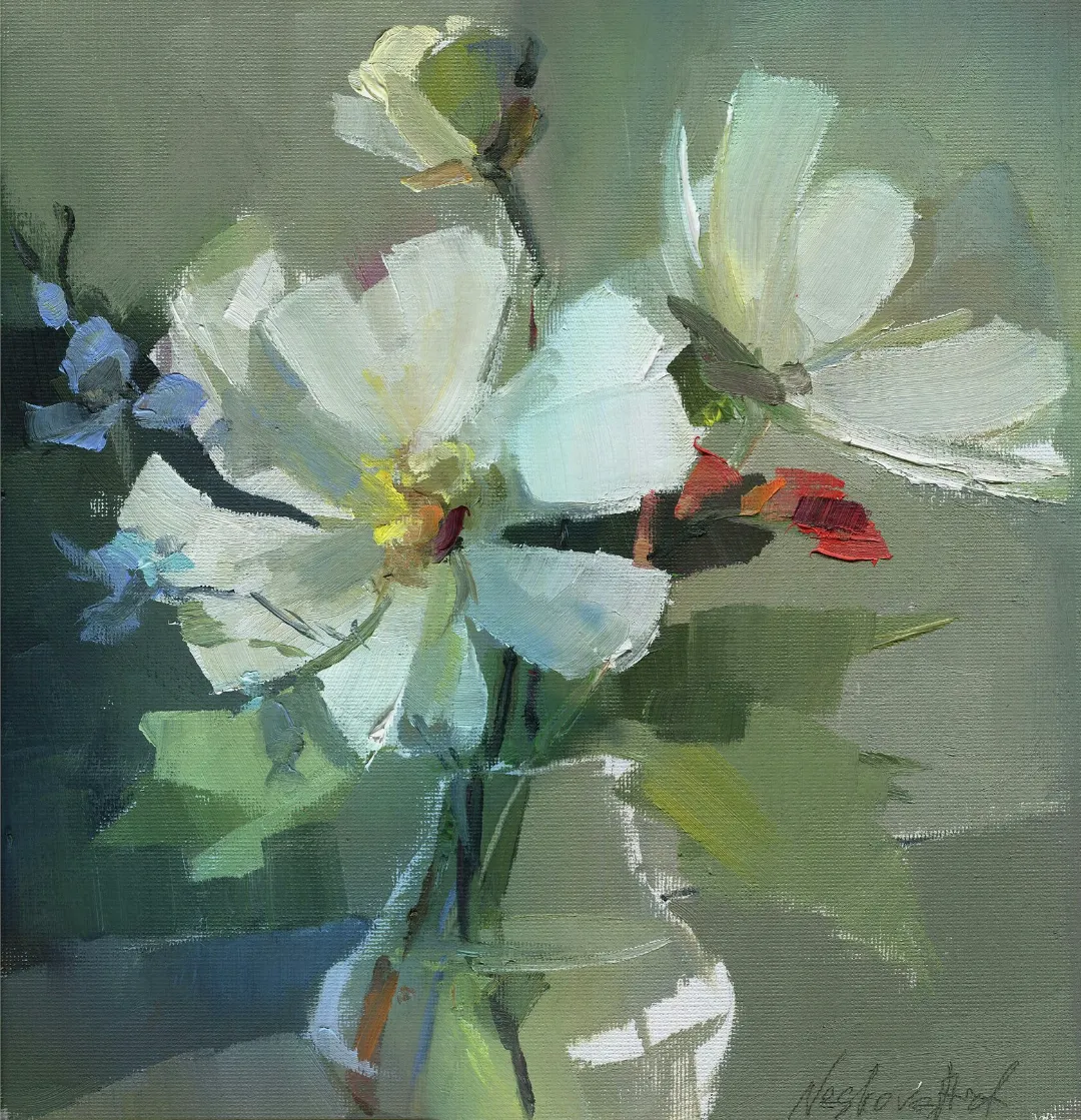 Anemones against a Red Background. Oil on paper, 50 × 50 cm