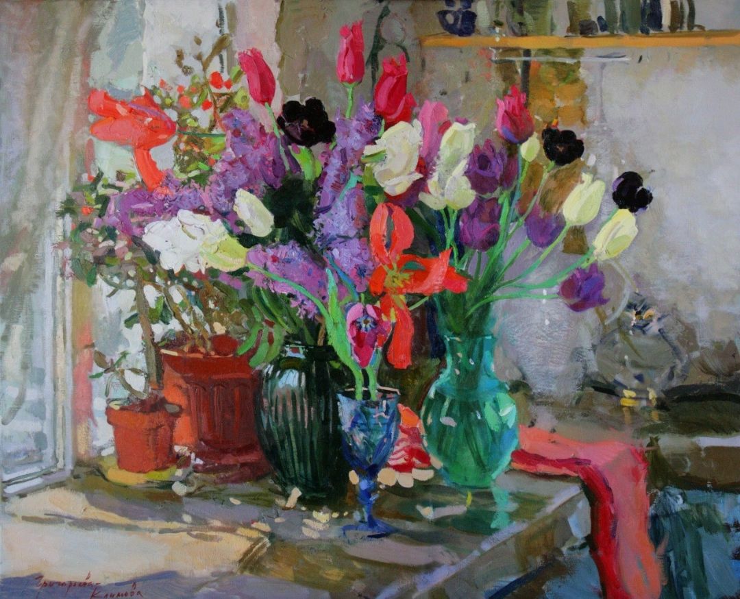 Tulips and Lilacs, 2023. Oil on canvas, 90 × 110 cm
