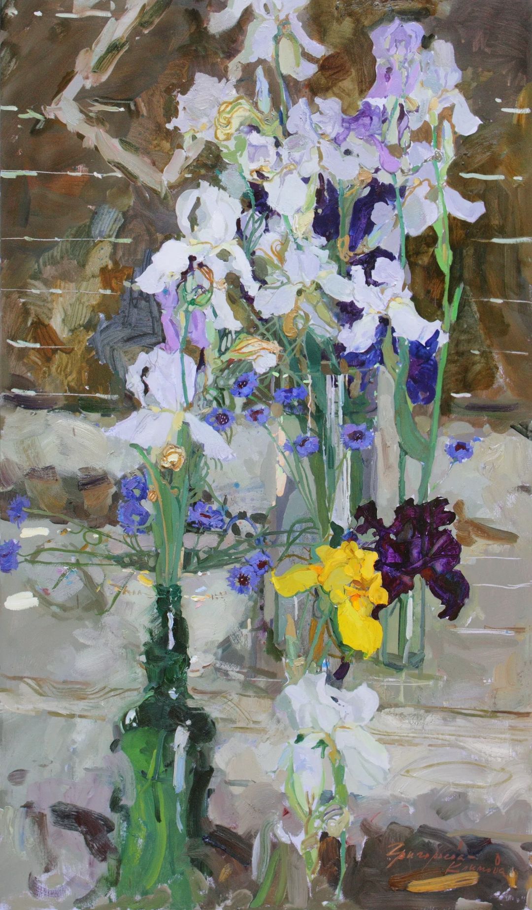 White Irises and Cornflowers, 2026. Oil on canvas, 130 × 75 cm