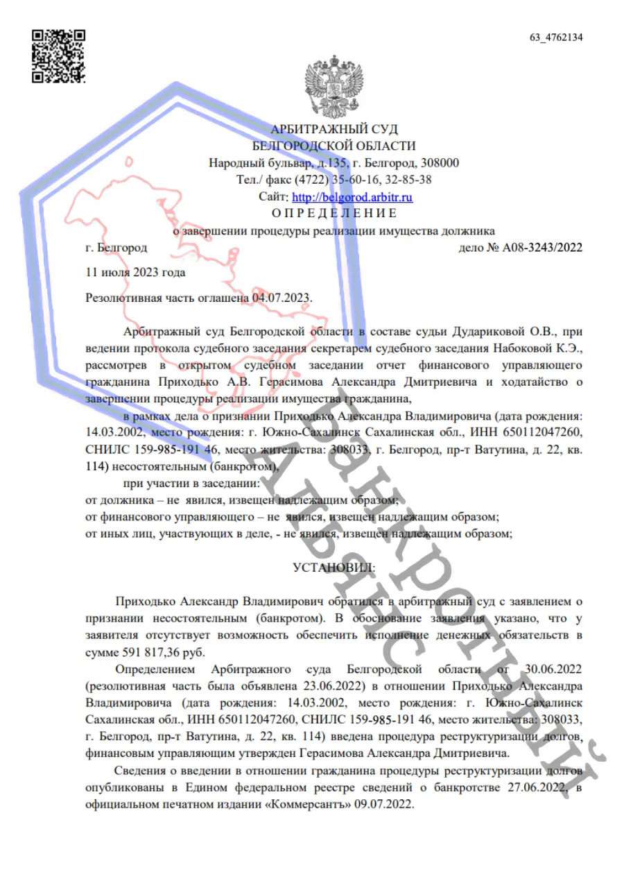 Определение о завершении процедуры банкротства дело № A08-3243/2022 юристами ООО "Банкротный Альянс"