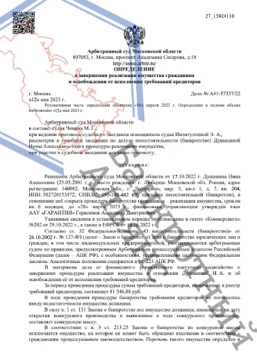 Завершенное дело о банкротстве А41-57337/2022 юристами ООО "Банкротный Альянс"