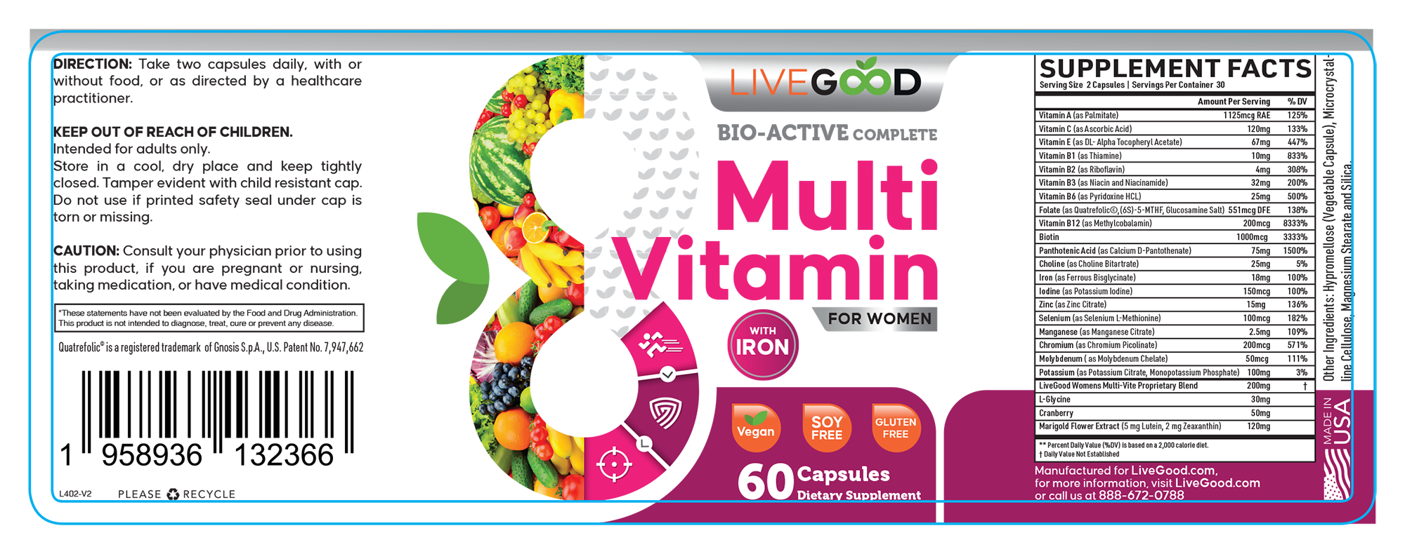 LiveGood BioActive Complete Multivitamin For Women with Iron
