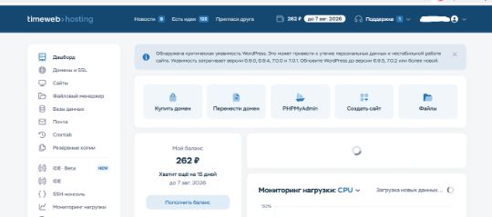 Пример панели управления в timeweb