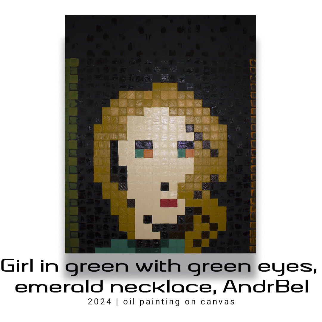 Girl in green with green eyes, emerald necklace, AndrBel. Oil paintings on canvas, 31,5 x 39,37 in.