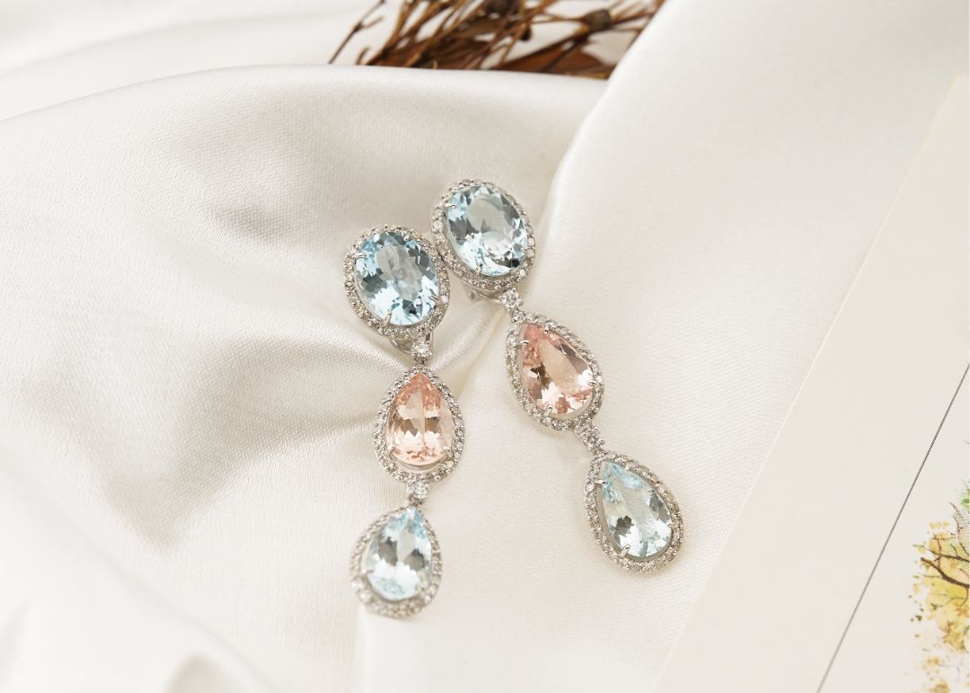 Серьги-трансформеры из белого золота с аквамаринами, морганитами и бриллиантами