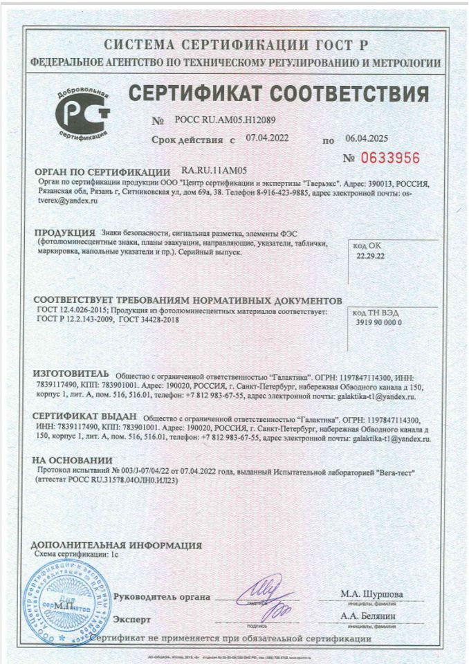 Сертификат на знаки пожарной безопасности